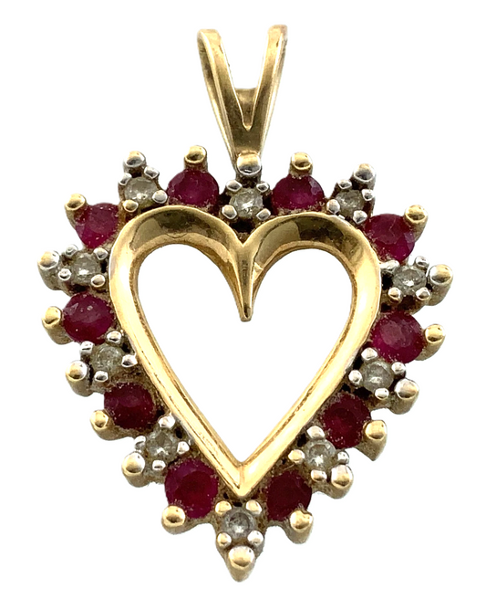 Beautiful 10K Yellow Gold Heart Pendant Ruby Style Stones Charm AU052