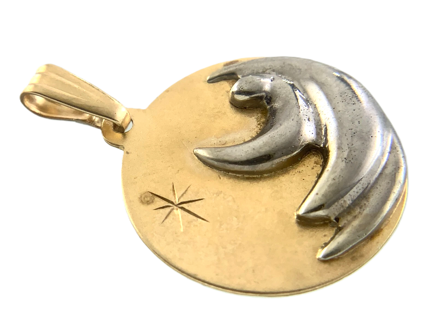 10K Yellow Gold Two Tone Moon and Star Pendant Charm AU071