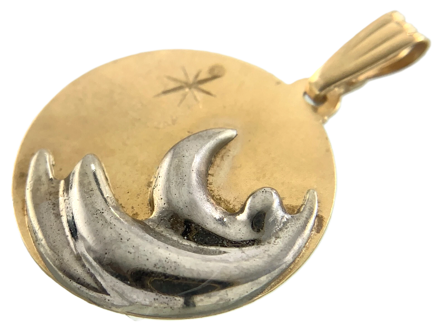 10K Yellow Gold Two Tone Moon and Star Pendant Charm AU071