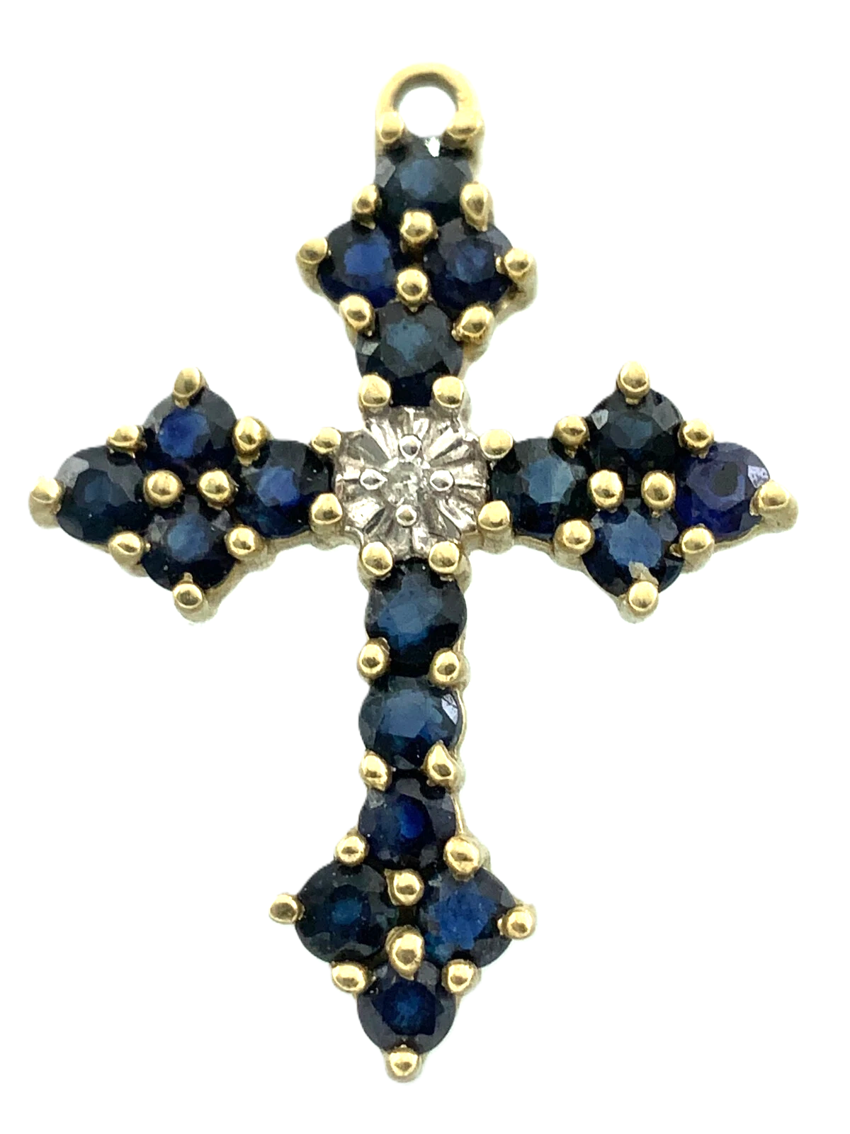 10K Yellow Gold Cross Sapphire Cluster Pendant Religious Charm AU081