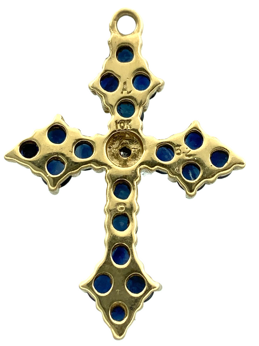 10K Yellow Gold Cross Sapphire Cluster Pendant Religious Charm AU081