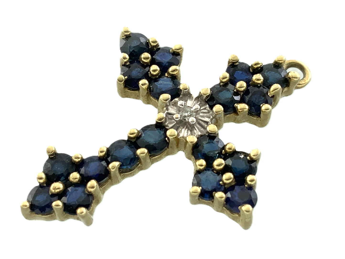 10K Yellow Gold Cross Sapphire Cluster Pendant Religious Charm AU081