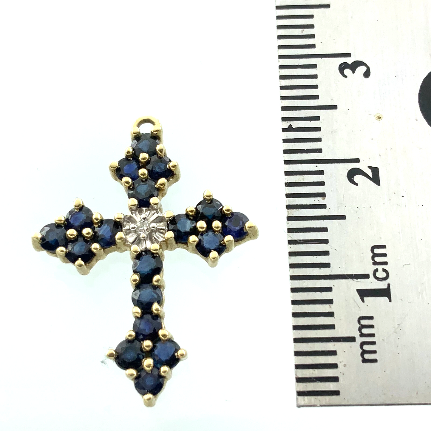 10K Yellow Gold Cross Sapphire Cluster Pendant Religious Charm AU081