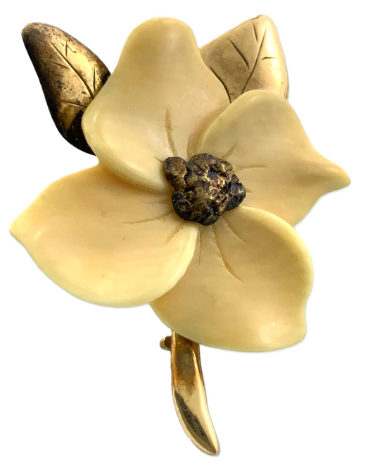 Vintage Magnolia Flower Brooch 10K Yellow Gold Tested AU101