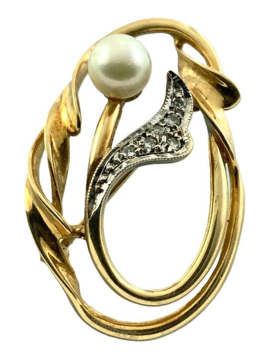 Vintage Diamond and Pearl Brooch 10K Yellow Gold Tested Elegant Brooch AU102