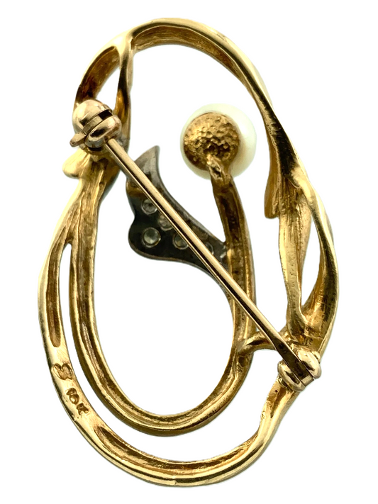 Vintage Diamond and Pearl Brooch 10K Yellow Gold Tested Elegant Brooch AU102