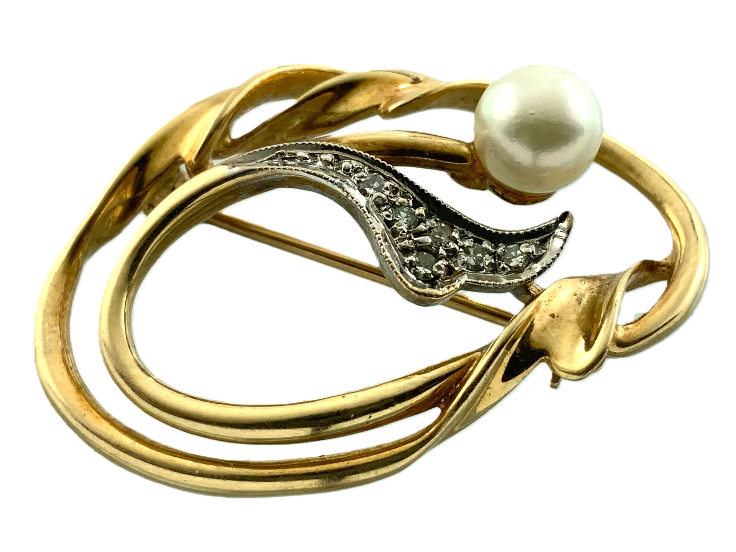 Vintage Diamond and Pearl Brooch 10K Yellow Gold Tested Elegant Brooch AU102