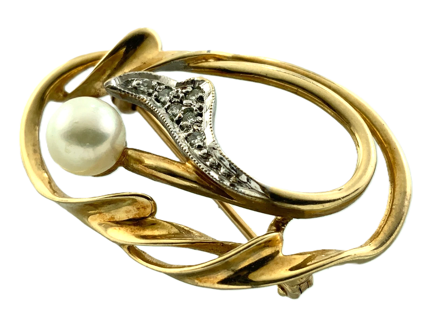 Vintage Diamond and Pearl Brooch 10K Yellow Gold Tested Elegant Brooch AU102