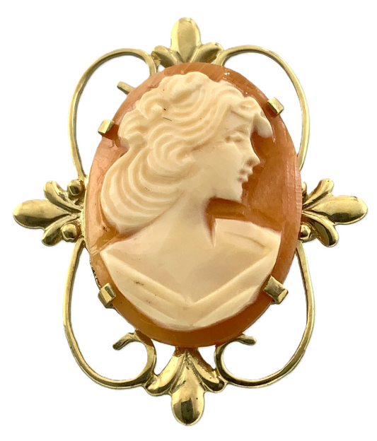 Antique Cameo Brooch 10K Yellow Gold Pendant Carved Woman Portrait AU104