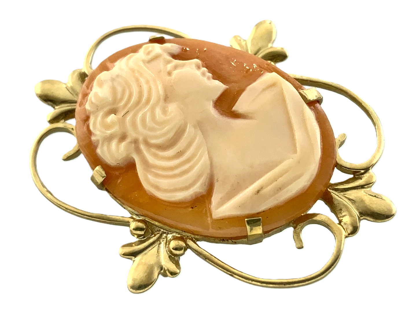 Antique Cameo Brooch 10K Yellow Gold Pendant Carved Woman Portrait AU104