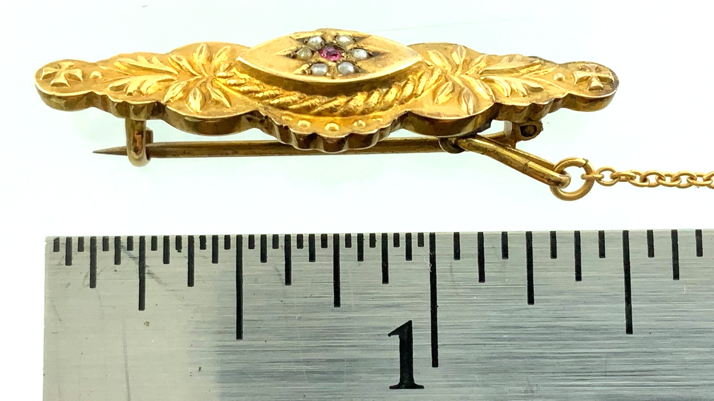 Beautiful Victorian 9K Yellow Gold Bar Pin Brooch C & Co Etruscan Revival AU104