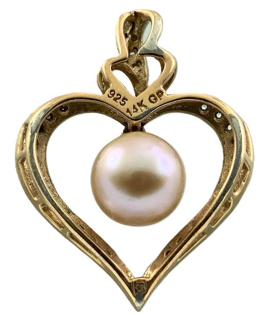 14K Gold Plated 925 Sterling Silver Heart Pearl Pendant Charm AU130