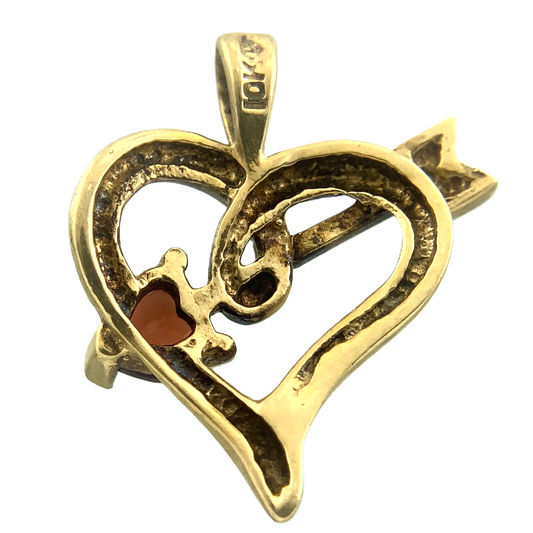 10K Yellow Gold Ruby Diamond Heart Pendant Cupid Arrow Charm AU133