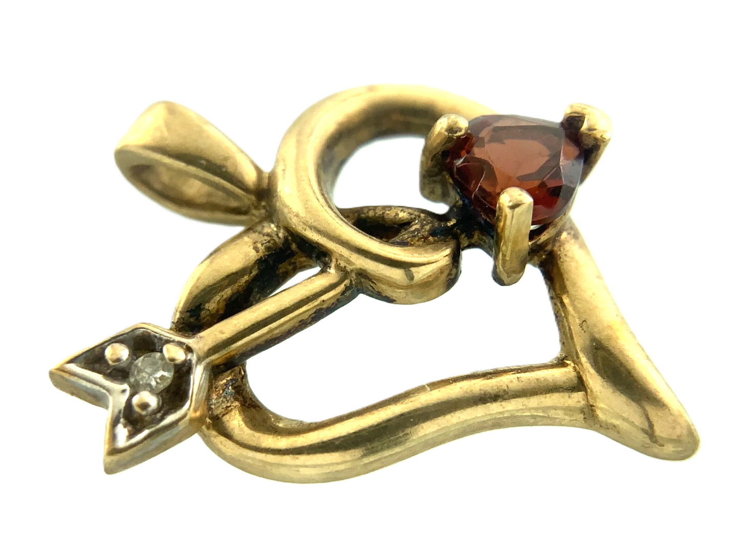 10K Yellow Gold Ruby Diamond Heart Pendant Cupid Arrow Charm AU133