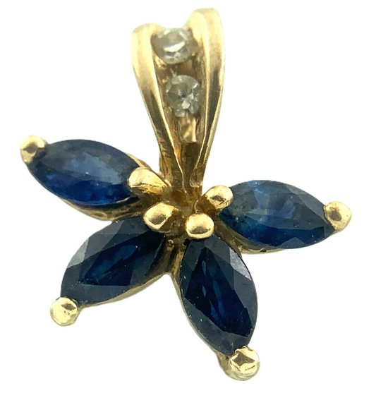 10K Yellow Gold Blue Gemstone Flower Petals Diamond Pendant Charm AU134