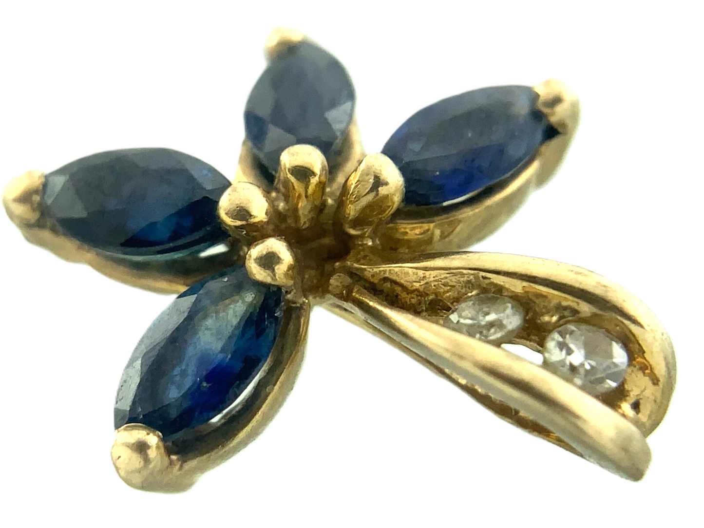 10K Yellow Gold Blue Gemstone Flower Petals Diamond Pendant Charm AU134