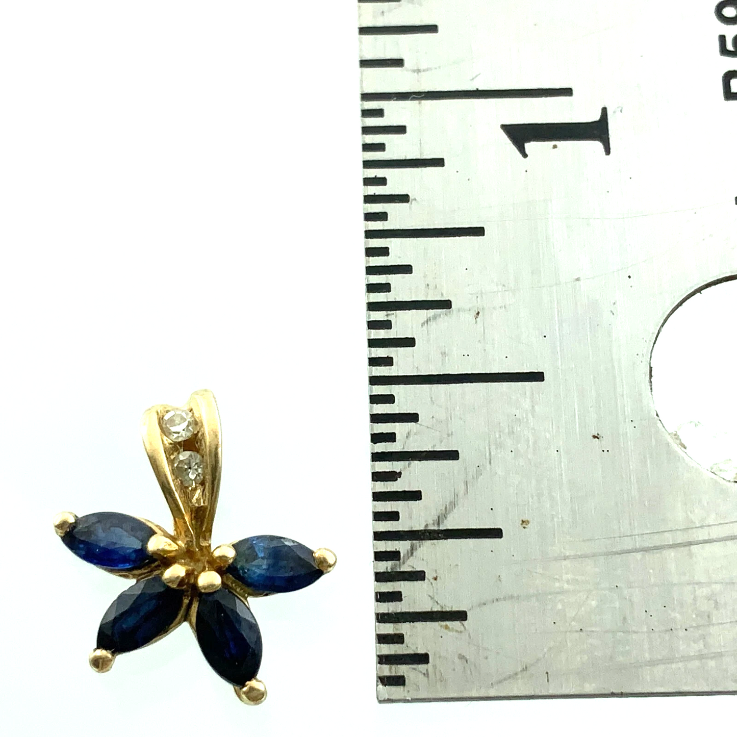 10K Yellow Gold Blue Gemstone Flower Petals Diamond Pendant Charm AU134