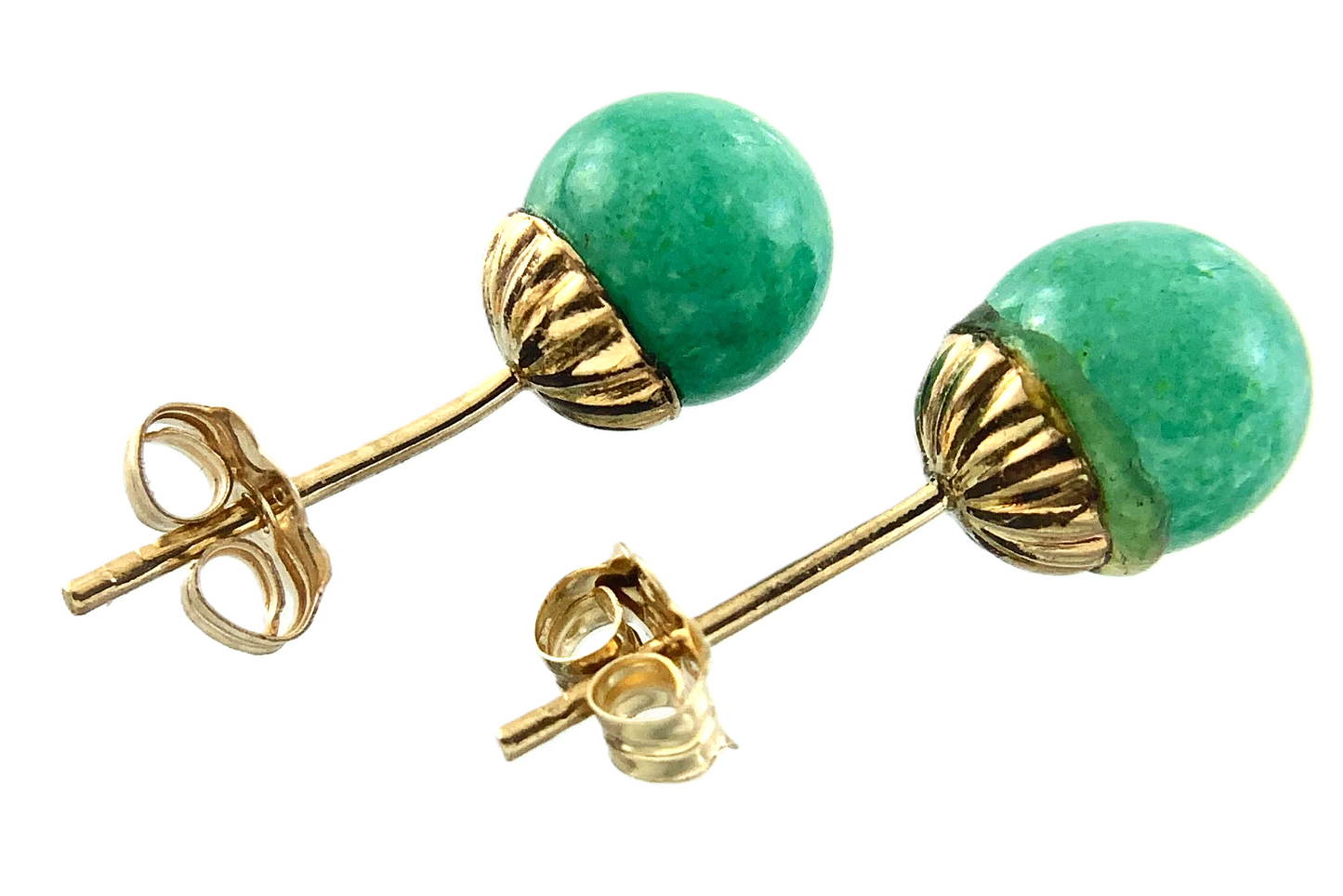 10K Yellow Gold Dainty Green Jade Earrings Round Stud AU168