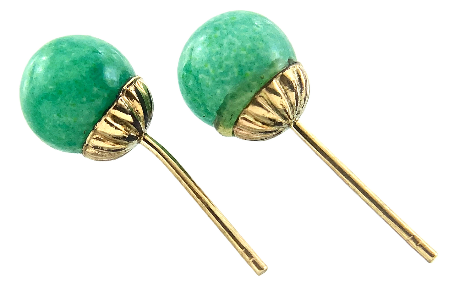 10K Yellow Gold Dainty Green Jade Earrings Round Stud AU168