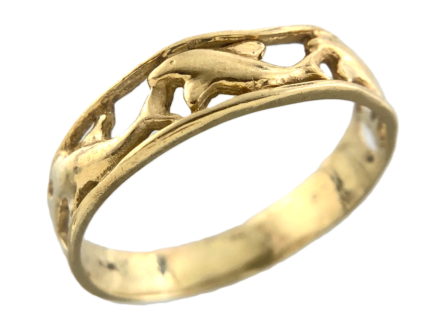10K Yellow Gold Dolphin Ring Filigree Band Size 8.5 AU173
