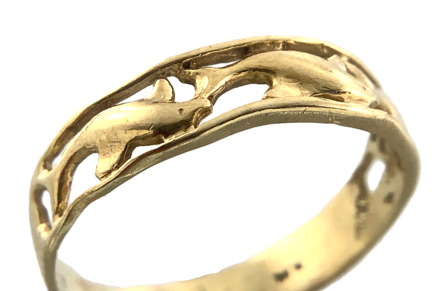 10K Yellow Gold Dolphin Ring Filigree Band Size 8.5 AU173