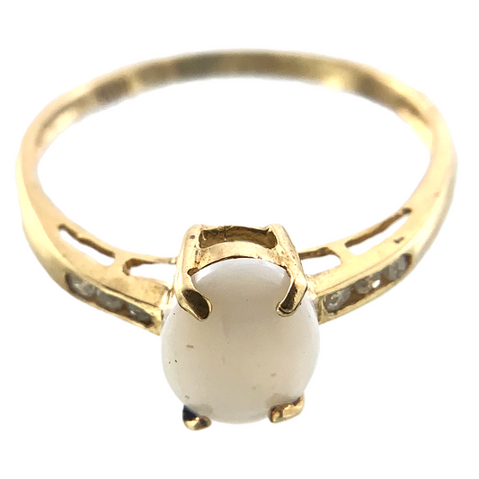 10K Yellow Gold White Stone Opal Ring Solitaire Band Size 6.75 AU175