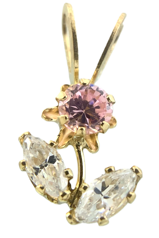 10K Yellow Gold Flower Pendant Dainty Pink Rose Quarts and Cubic Zirconia AU180