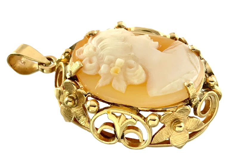 10K Yellow Gold Cameo Pendant Shell Carved Beautiful Woman Portrait AU190