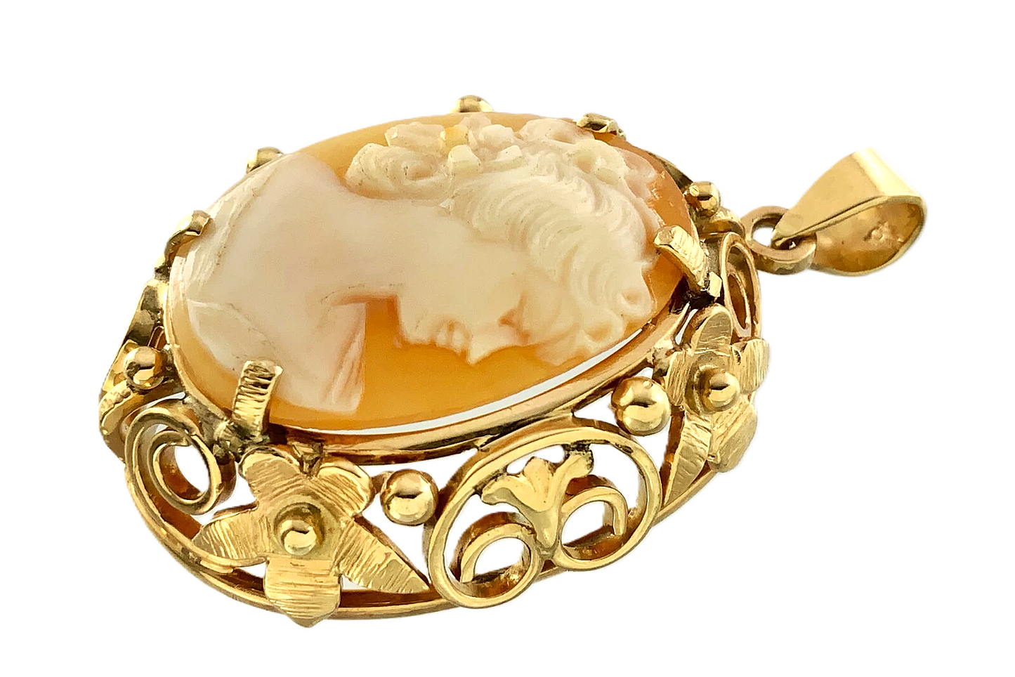 10K Yellow Gold Cameo Pendant Shell Carved Beautiful Woman Portrait AU190