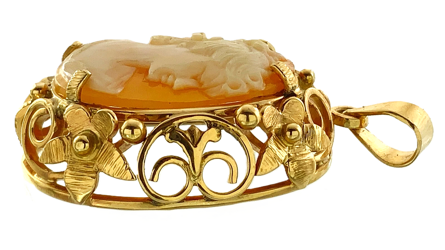 10K Yellow Gold Cameo Pendant Shell Carved Beautiful Woman Portrait AU190