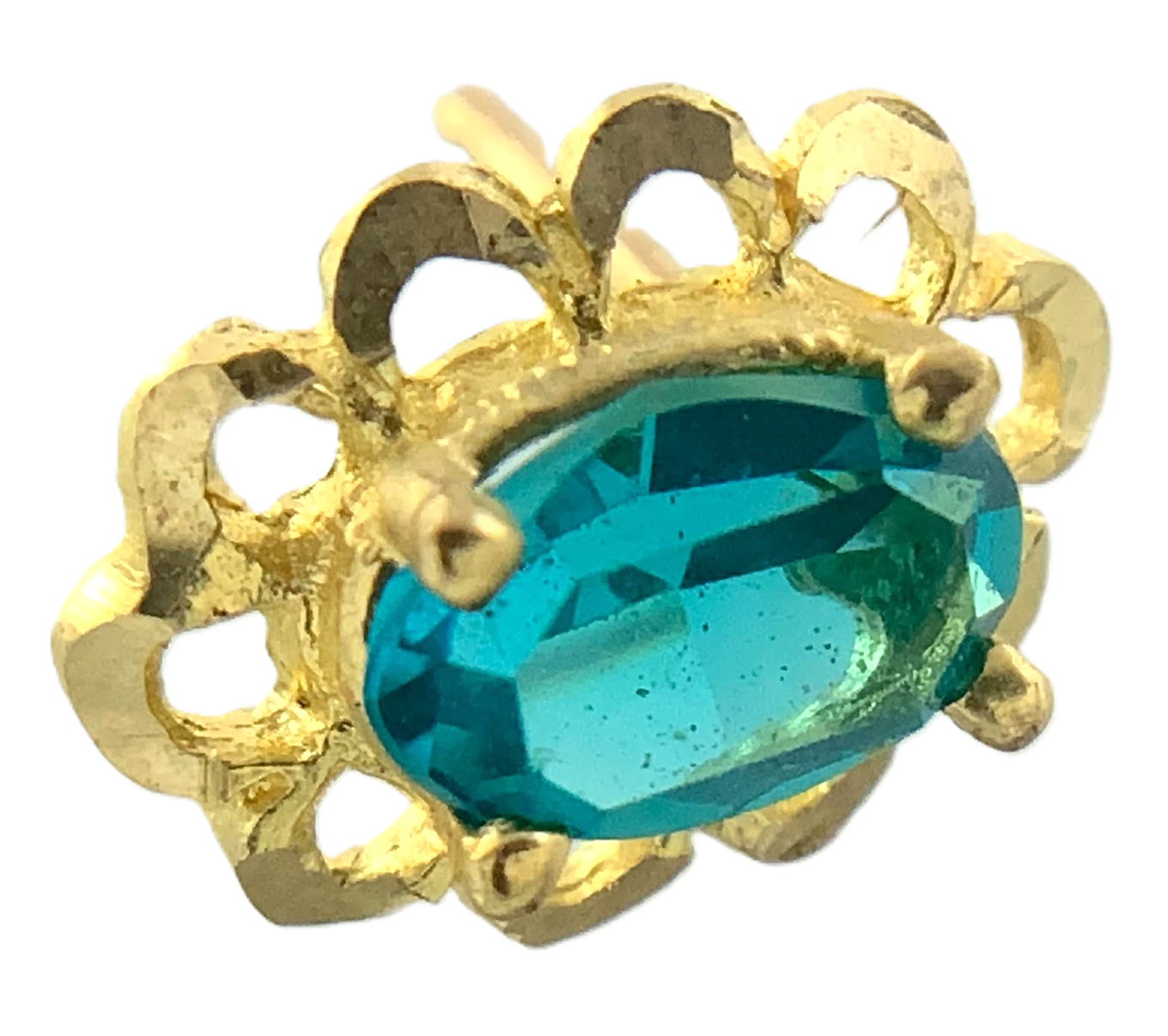10K Yellow Gold Aqua Blue Rhinestone Scalloped Stud Earrings AU193