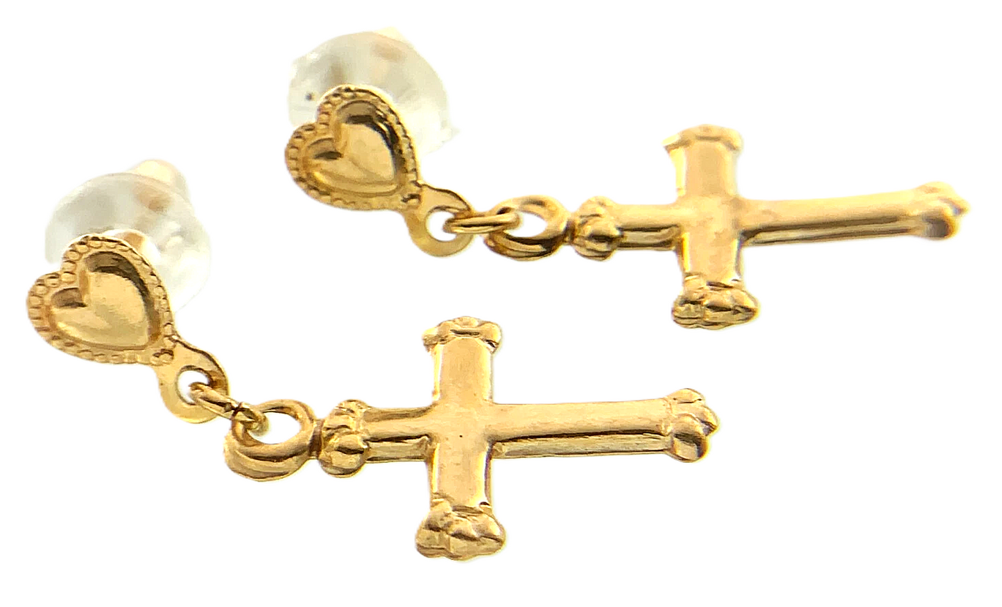 14K Yellow Gold Cross and Heart Dangle Stud Earrings Religious AU201