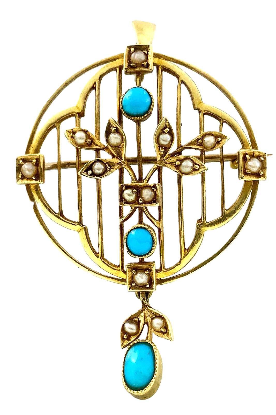 15ct 15K Yellow Gold Antique Victorian Turquoise Pendant Brooch AU211