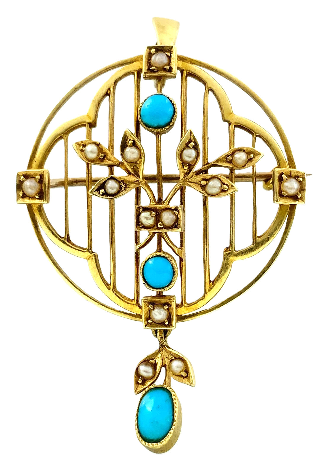 15ct 15K Yellow Gold Antique Victorian Turquoise Pendant Brooch AU211