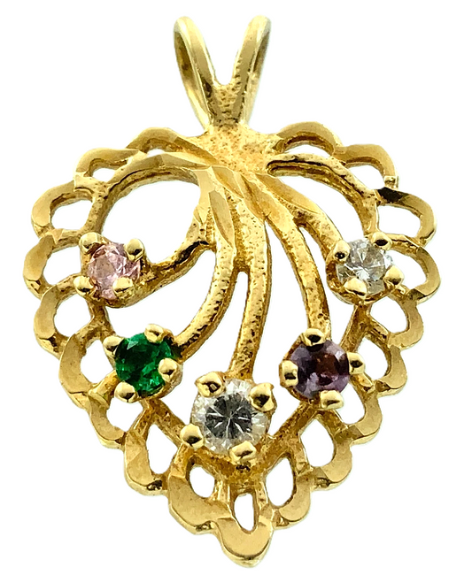 10K Yellow Gold Heart Pendant Scalloped Edge Gemstones AU262
