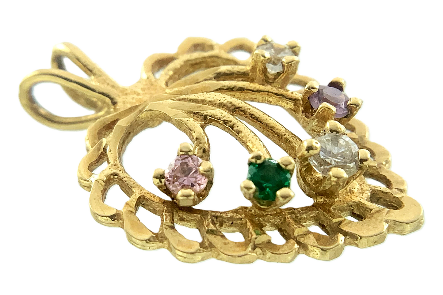 10K Yellow Gold Heart Pendant Scalloped Edge Gemstones AU262