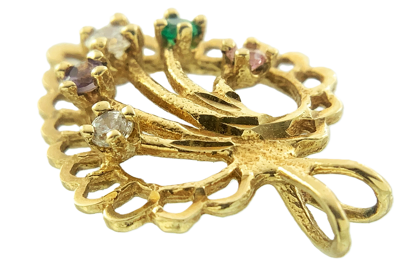 10K Yellow Gold Heart Pendant Scalloped Edge Gemstones AU262