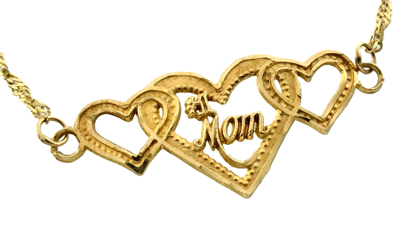 10K Yellow Gold Rope Link Chain Bracelet #1 Mom Three Hearts 7 in x 1 mm AU270