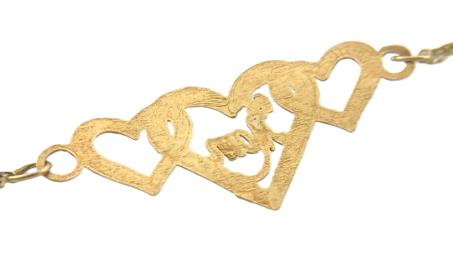 10K Yellow Gold Rope Link Chain Bracelet #1 Mom Three Hearts 7 in x 1 mm AU270