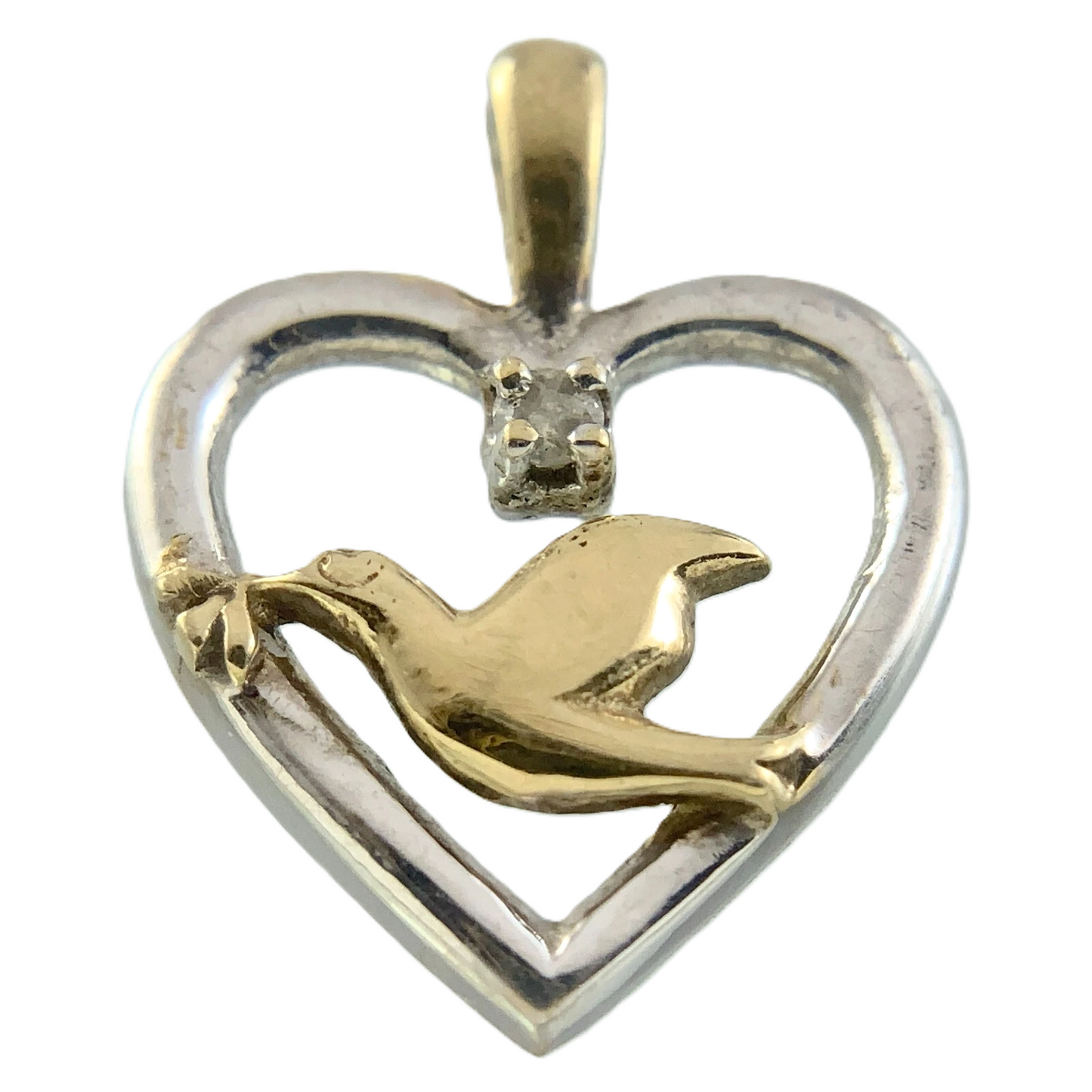 10K White Gold Heart Pendant with Yellow Gold Dove Symbol of Love AU287