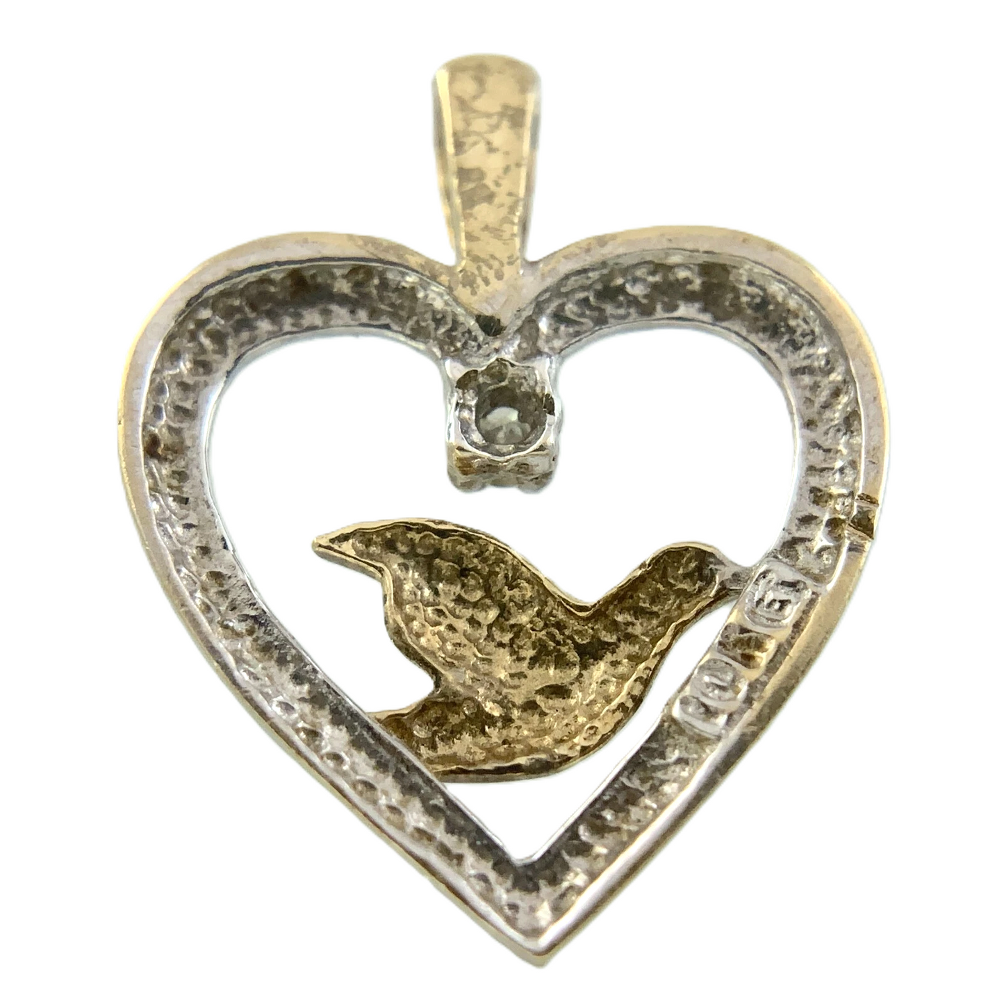 10K White Gold Heart Pendant with Yellow Gold Dove Symbol of Love AU287