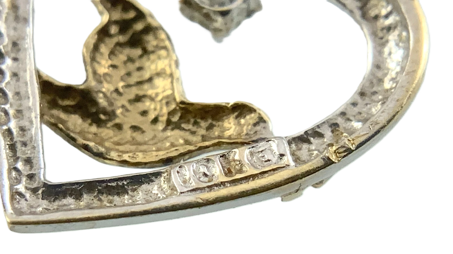 10K White Gold Heart Pendant with Yellow Gold Dove Symbol of Love AU287