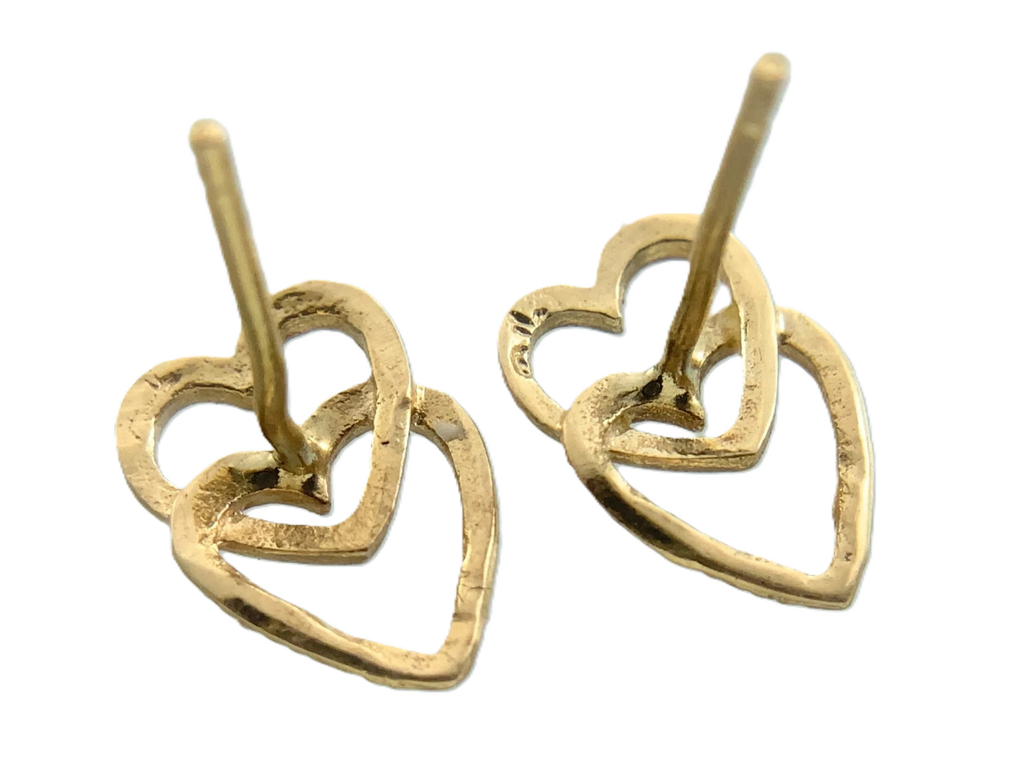 10K Yellow Gold Double Heart Stud Earrings Classic Elegant Love Symbol AU292