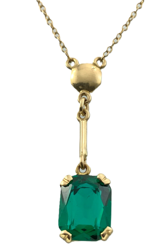 10K Yellow Gold Emerald Green Stone Pendant Necklace Gold Chain AU295