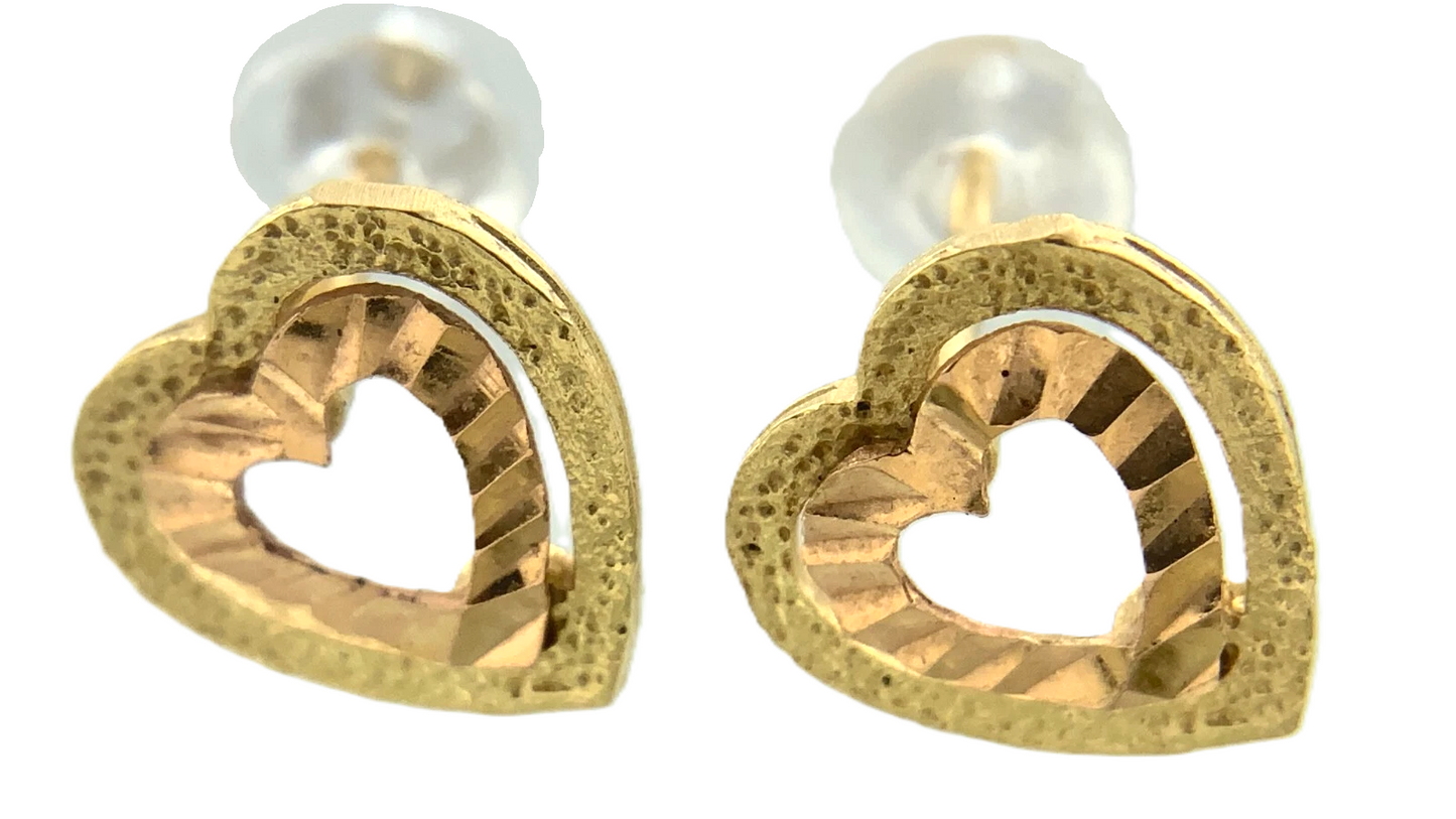 14K Yellow Gold Heart Stud Earrings Classic Elegant Double Heart AU299