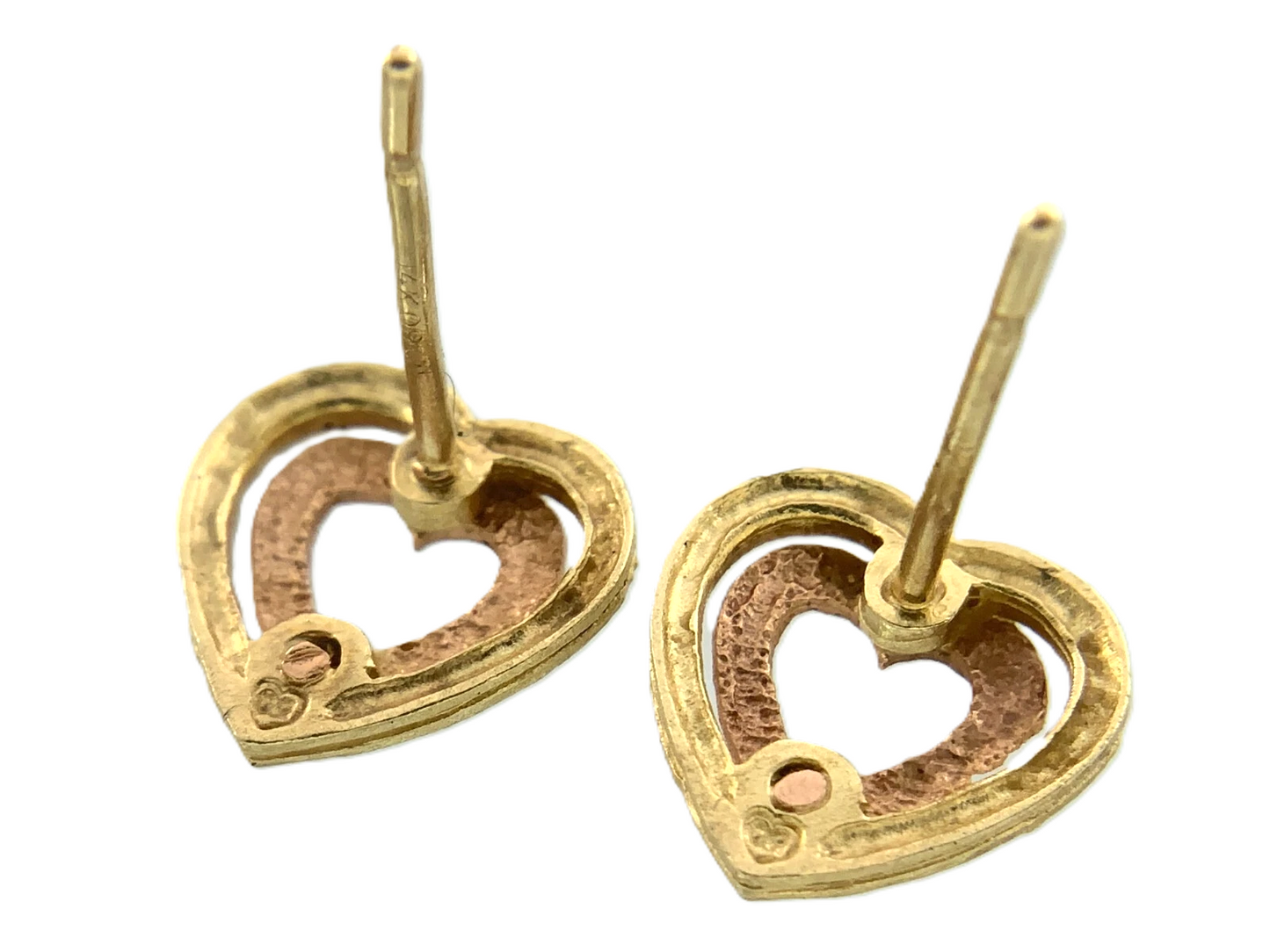 14K Yellow Gold Heart Stud Earrings Classic Elegant Double Heart AU299