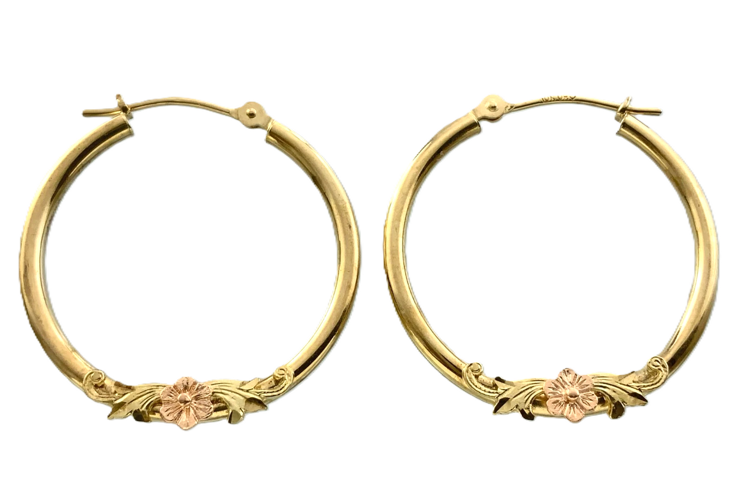 10K Yellow Gold Hoop Earrings With Elegant Floral Decor AU300