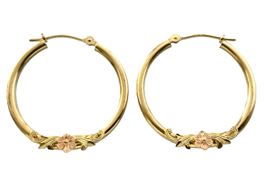 10K Yellow Gold Hoop Earrings With Elegant Floral Decor AU300