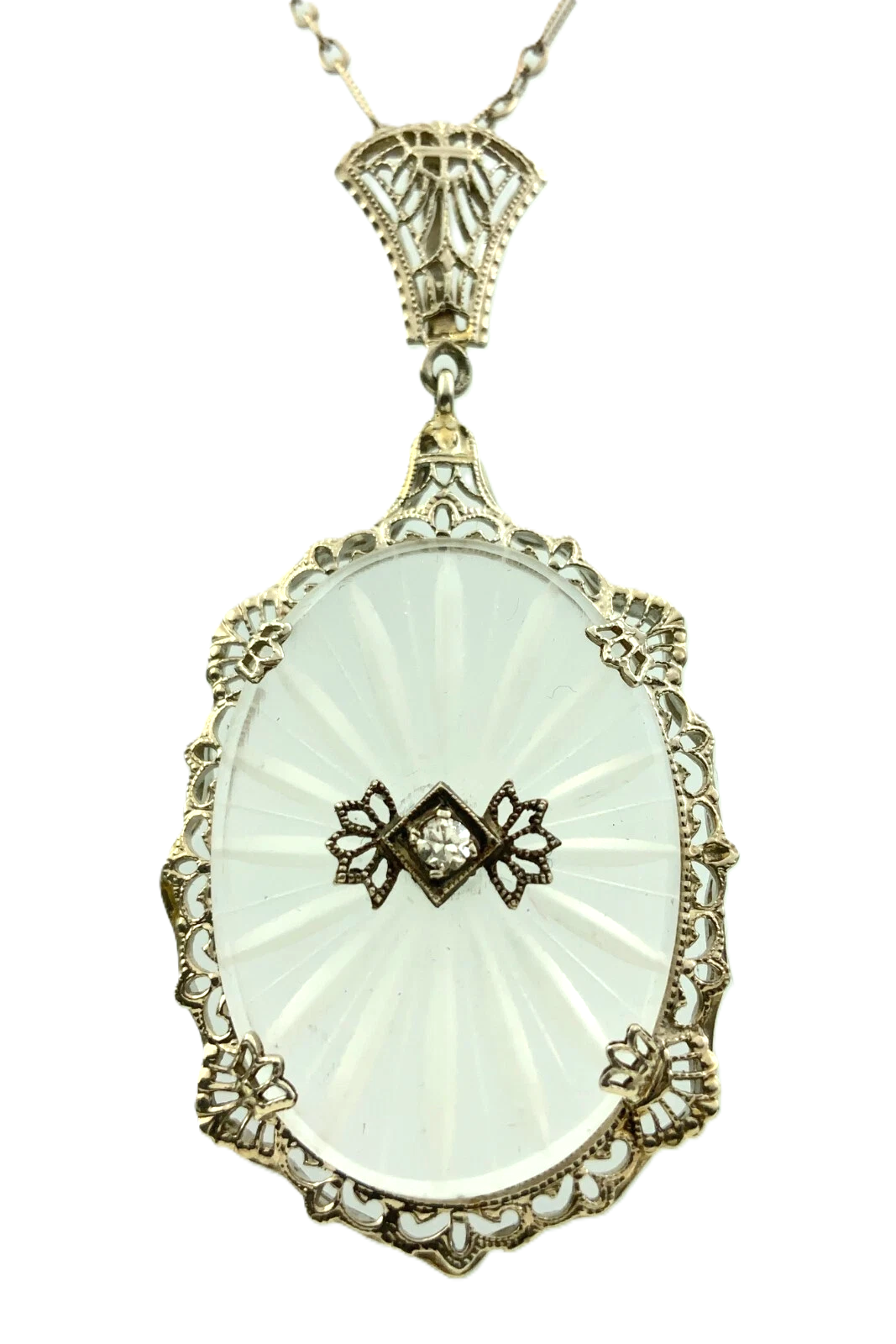 Art Deco 14k Gold Camphor Glass and Diamond Filigree Pendant and Ring AU304X