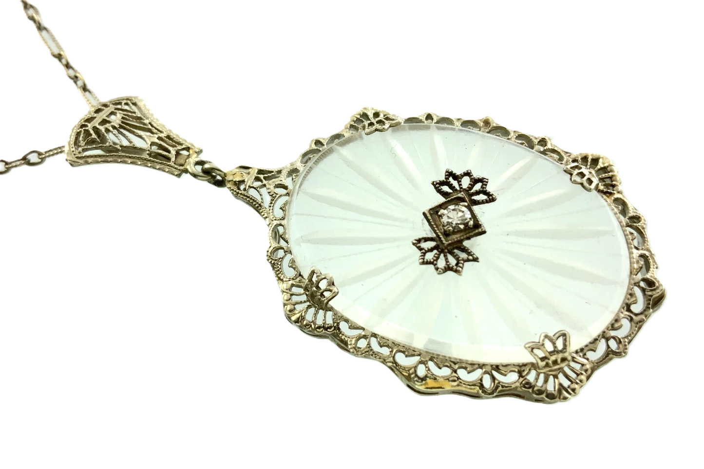 Art Deco 14k Gold Camphor Glass and Diamond Filigree Pendant and Ring AU304X